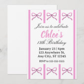 Editable pink bow birthday invite kaart (Voorkant / Achterkant)