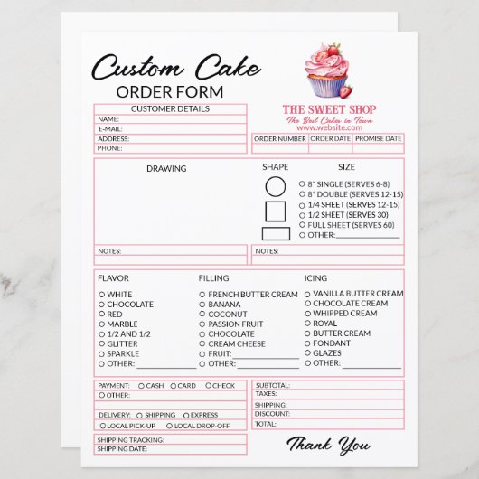 Editable Pink Cake Order Form Template for Bakers (Voorkant / Achterkant)