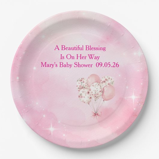 Editable Pink Chinoiserie Baby Shower Tableware Papieren Bordje (Voorkant)