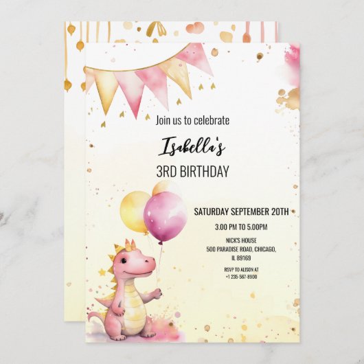 Editable Pink Dragon Birthday Invitation Kaart (Voorkant / Achterkant)