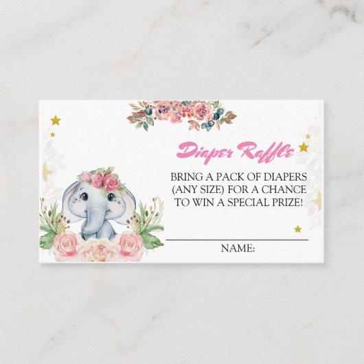 Editable Pink Flower Elephant Diaper Raffle Ticket Informatiekaartje (Voorkant)