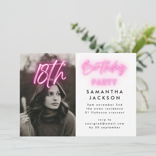 Editable Pink Neon Lights 18e verjaardag Kaart (Staand voorkant)