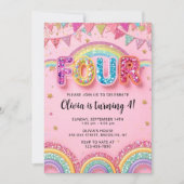 Editable Pink Rainbow Sequin 4th Birthday Invitati Kaart (Voorkant)