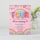 Editable Pink Rainbow Sequin 4th Birthday Invitati Kaart (Staand voorkant)