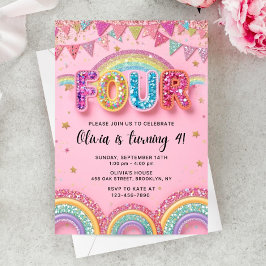 Editable Pink Rainbow Sequin 4th Birthday Invitati Kaart