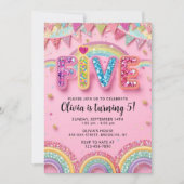 Editable Pink Rainbow Sequin 5th Birthday Invitati Kaart (Voorkant)