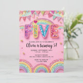 Editable Pink Rainbow Sequin 5th Birthday Invitati Kaart (Staand voorkant)