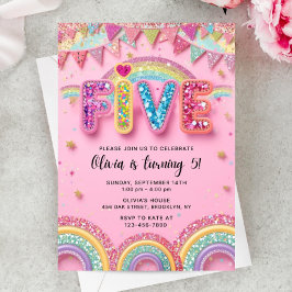 Editable Pink Rainbow Sequin 5th Birthday Invitati Kaart