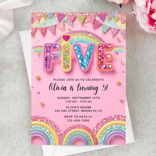 Editable Pink Rainbow Sequin 5th Birthday Invitati Kaart