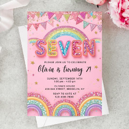 Editable Pink Rainbow Sequin 7th Birthday Invitati Kaart
