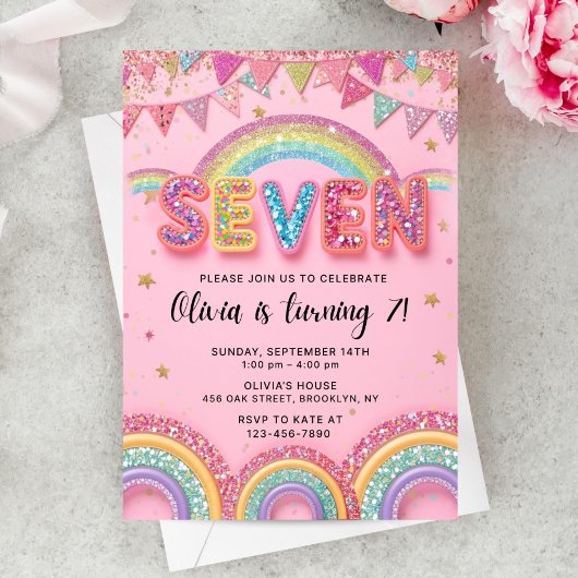 Editable Pink Rainbow Sequin 7th Birthday Invitati Kaart