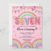 Editable Pink Rainbow Sequin 7th Birthday Invitati Kaart (Voorkant)