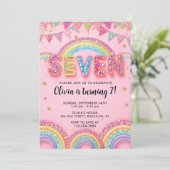 Editable Pink Rainbow Sequin 7th Birthday Invitati Kaart (Staand voorkant)