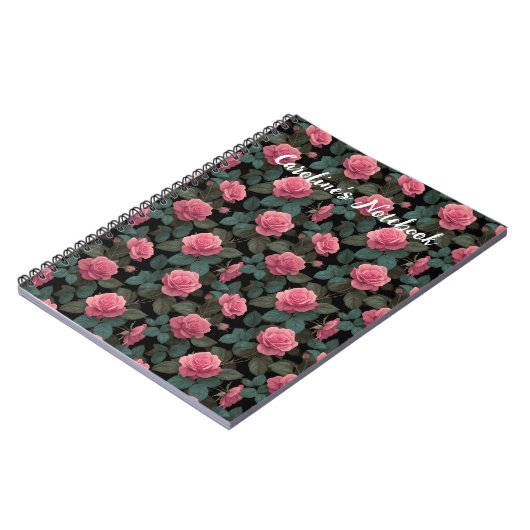 Editable Pink Roses on Black Floral Pattern Custom Notitieboek (Linkerzijde)