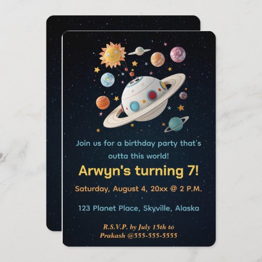 Editable Planets and Starry Night Birthday Kaart (Voorkant / Achterkant)