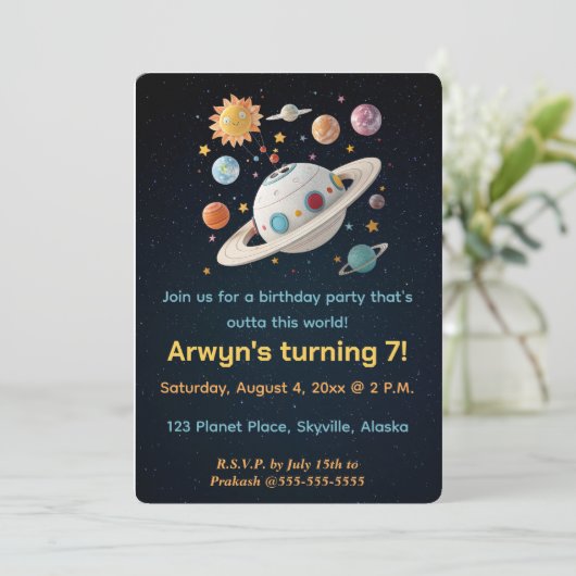 Editable Planets and Starry Night Birthday Kaart (Staand voorkant)