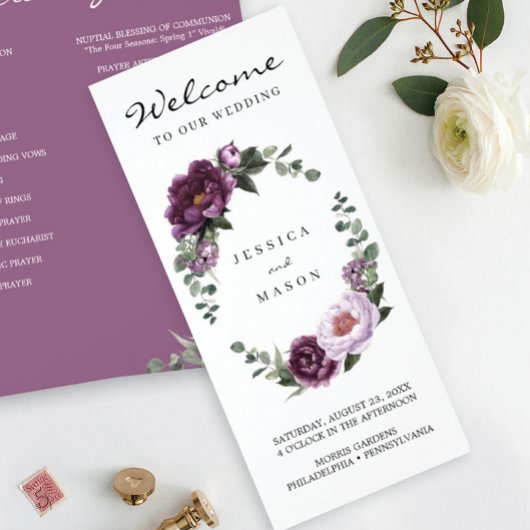 Editable Plum Peonies Trifold Wedding Programme Flyer