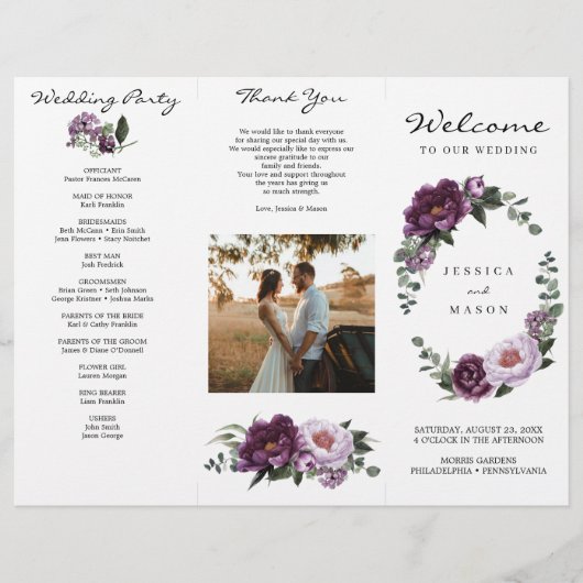 Editable Plum Peonies Trifold Wedding Programme Flyer (Voorkant)