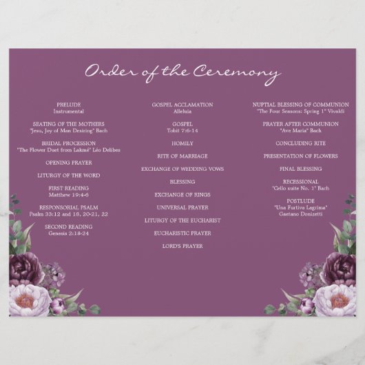 Editable Plum Peonies Trifold Wedding Programme Flyer (Achterkant)