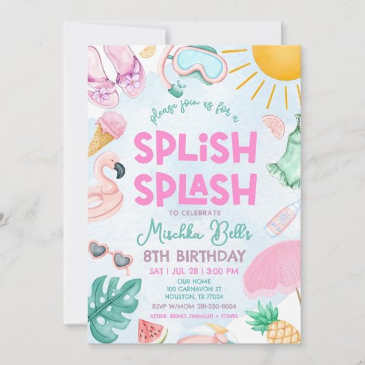 Editable Pool Party Invitation Summer Girl Birthda Kaart (Voorkant)