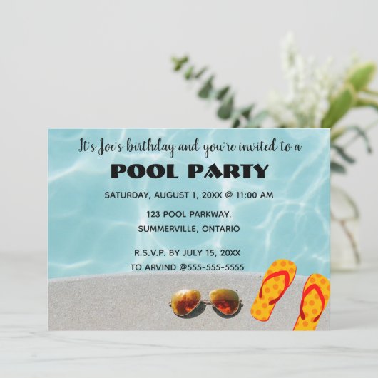 Editable Poolside Birthday Party Invitation Kaart (Staand voorkant)