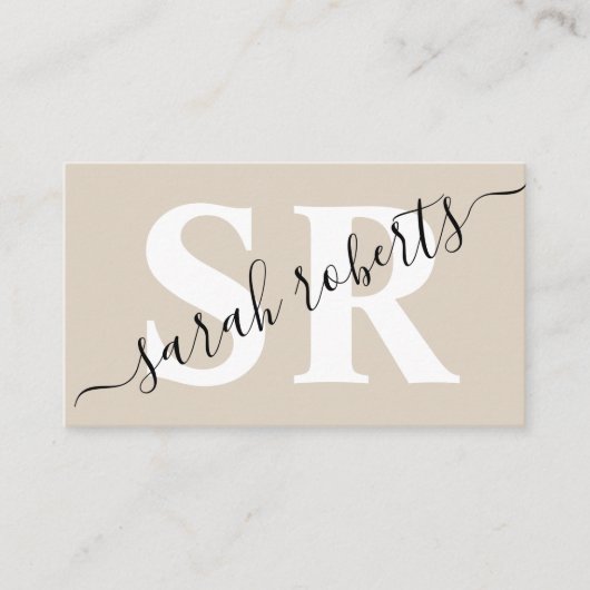 Editable professionele monogram name beige visitekaartje (Voorkant)