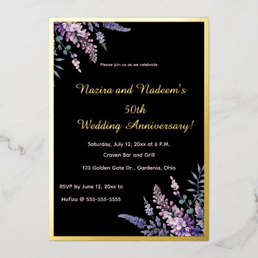 Editable Purple and Pink Flowers Anniversary Folie Uitnodiging (Voorkant)