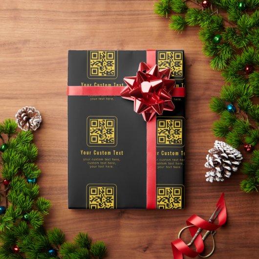 Editable QR Code & Text Template | Black & Gold Cadeaupapier (Feestdagen Geschenken)