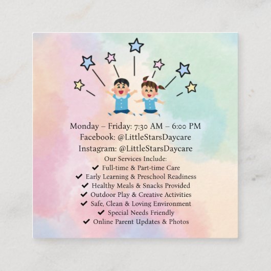 Editable Rainbow Handprint Nursery Card Design Vierkante Visitekaartje (Achterkant)