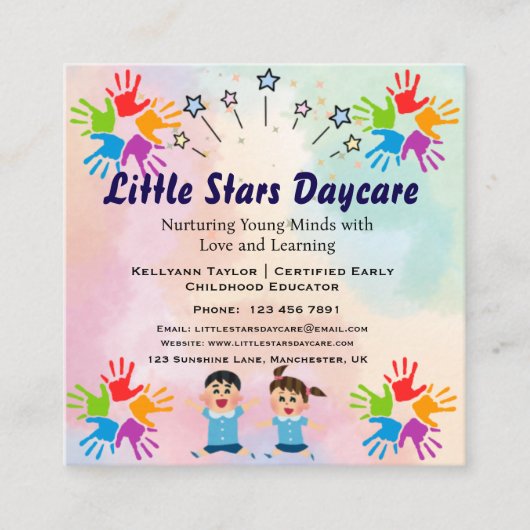 Editable Rainbow Handprint Nursery Card Design Vierkante Visitekaartje (Voorkant)