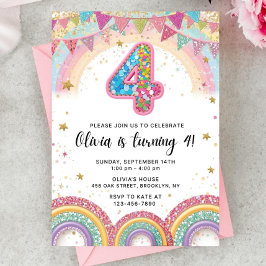 Editable Rainbow Sequin 4th Birthday Invitation Kaart