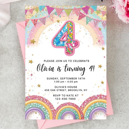 Editable Rainbow Sequin 4th Birthday Invitation Kaart