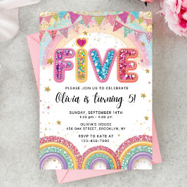 Editable Rainbow Sequin 5th Birthday Invitation Kaart