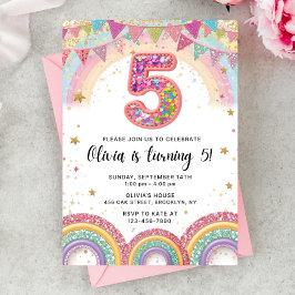 Editable Rainbow Sequin 5th Birthday Invitation Kaart