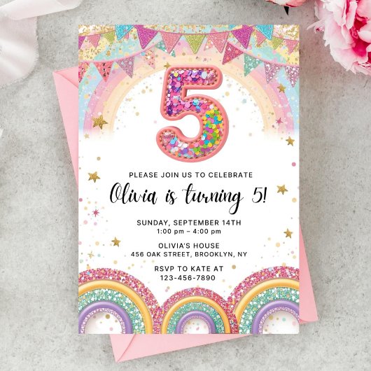 Editable Rainbow Sequin 5th Birthday Invitation Kaart