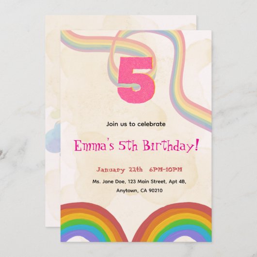 Editable Rainbow Sequin 5th Birthday invitation Kaart (Voorkant / Achterkant)