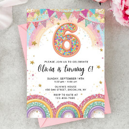 Editable Rainbow Sequin 6th Birthday Invitation Kaart