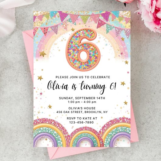 Editable Rainbow Sequin 6th Birthday Invitation Kaart