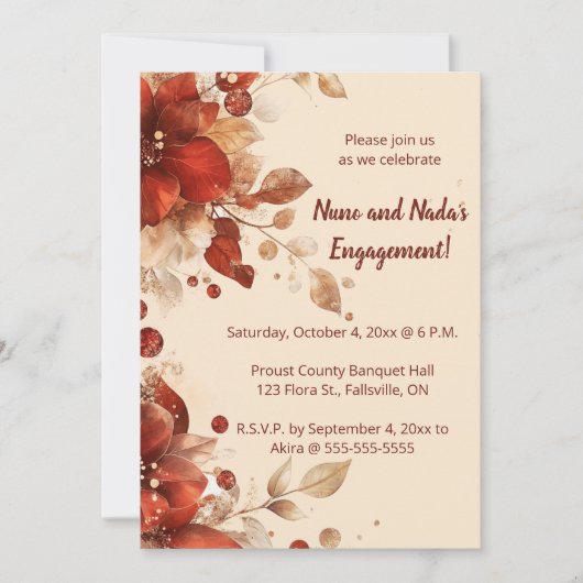 Editable Red Autumn Flowers Engagement Kaart (Voorkant)