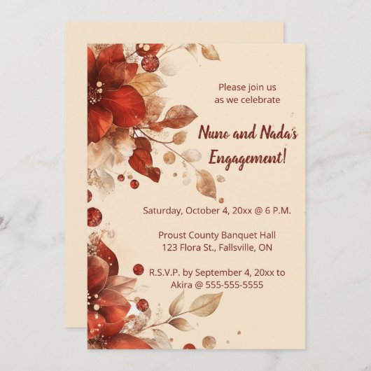 Editable Red Autumn Flowers Engagement Kaart (Voorkant / Achterkant)