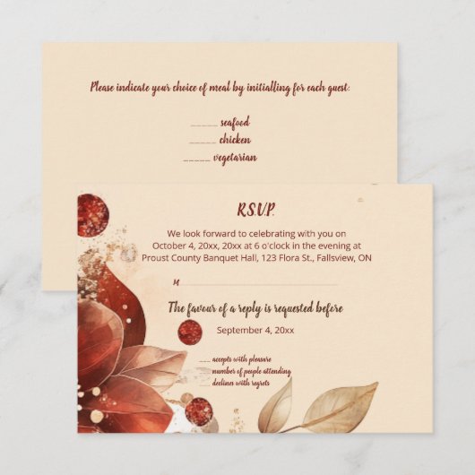Editable Red Autumn Flowers RSVP Card Kaartje (Voorkant / Achterkant)
