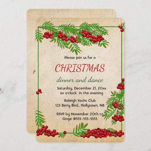 Editable Red Berries and Green Branches Christmas  Kaart (Voorkant / Achterkant)