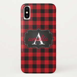EDITABLE Red & Black Buffalo Plaid Monogrammed Case-Mate iPhone Case