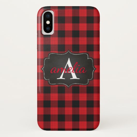 EDITABLE Red & Black Buffalo Plaid Monogrammed Case-Mate iPhone Case (Achterkant)