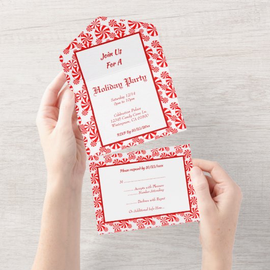 Editable Red White Peppermint All in One Invite Uitnodiging (Afscheurbaar)