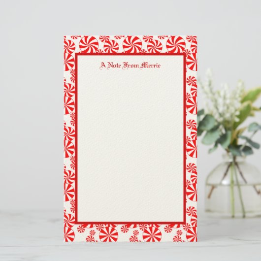 Editable Red White Peppermint Pattern Holiday Briefpapier (Staand voorkant)