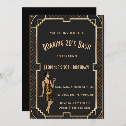 Editable Roaring 20s Birthday Bash Party Kaart (Voorkant / Achterkant)