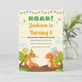 Editable Roarsome Dinosaur Birthday Invitation Kaart (Staand voorkant)