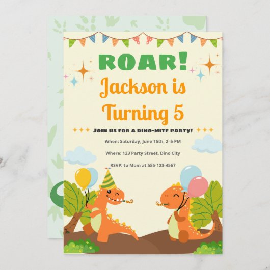 Editable Roarsome Dinosaur Birthday Invitation Kaart (Voorkant / Achterkant)