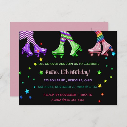 Editable Roller Skating Birthday Party Uitnodiging Briefkaart (Voorkant / Achterkant)